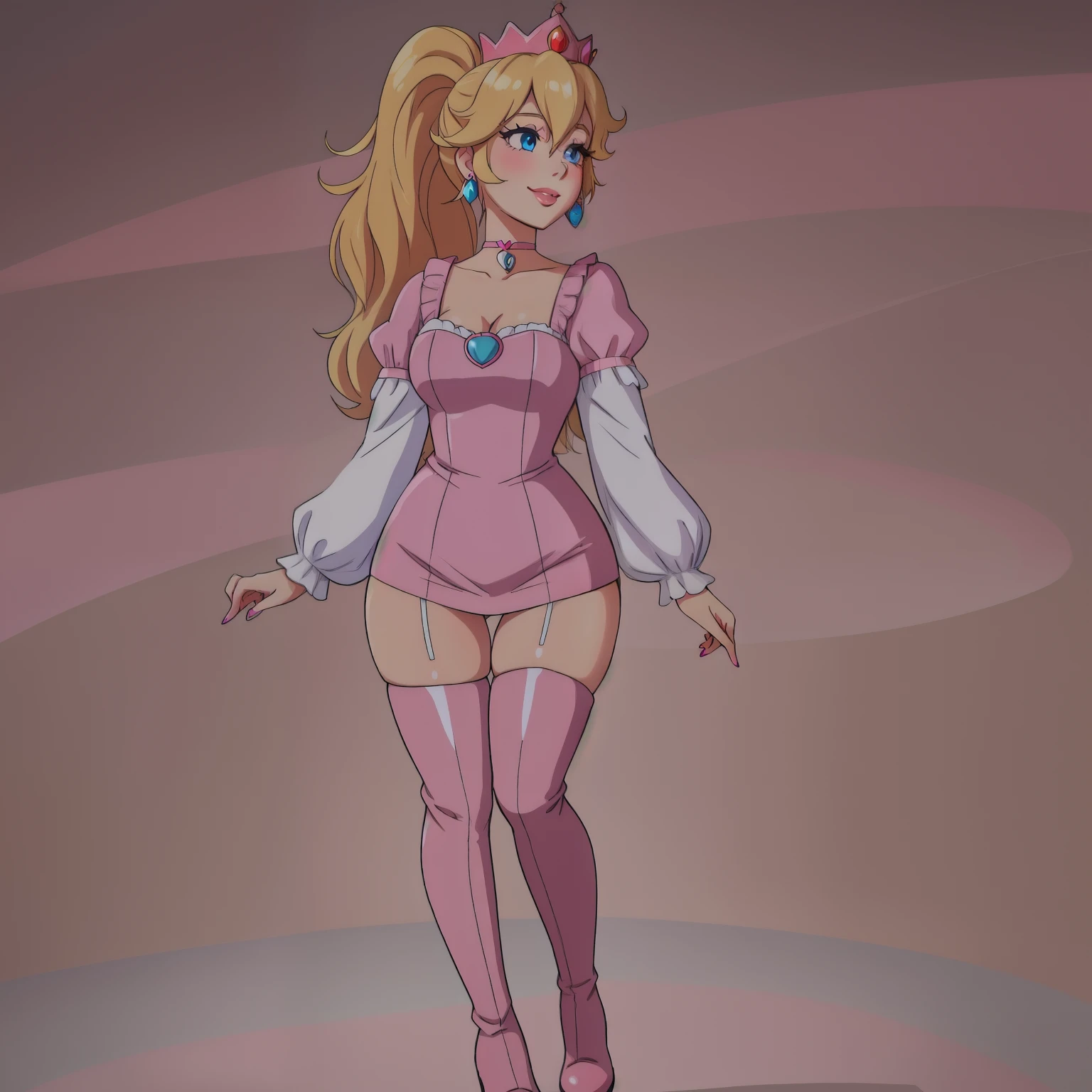 beautiful blue eyes, 1girl, solo, long hair, smile, blue eyes, blonde hair, thighhighs, long sleeves, holding, jewelry, standing, full body, ponytail, earrings, boots, alternate costume, choker, bag, lips, looking to the side, thigh boots, looking away, crown, clothes writing, pink nails, pink lips, pink footwear, disposable cup, pink thighhighs, pink choker, princess peach, puckered lips, wide hips,