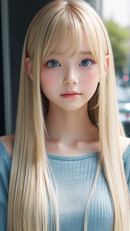 White shiny skin、Blonde hair color that changes with light、Long bangs obstruct the view、Glossy highlight on cheeks、Sexy and very beautiful lovely cute gorgeous face、the most beautiful face in the world、Super long gorgeous blonde hair、smooth straight hair、 Very large, sparkling light blue eyes、beautiful bangs、16 year old beautiful cute girl、cheek gloss highlight、