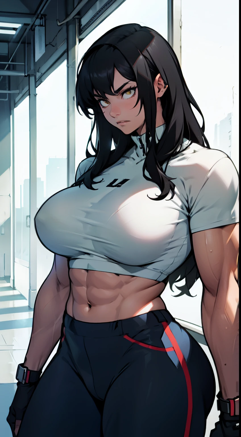 sad pale muscular girl massive breasts hair black hair yellow eyes extremely long hair sad