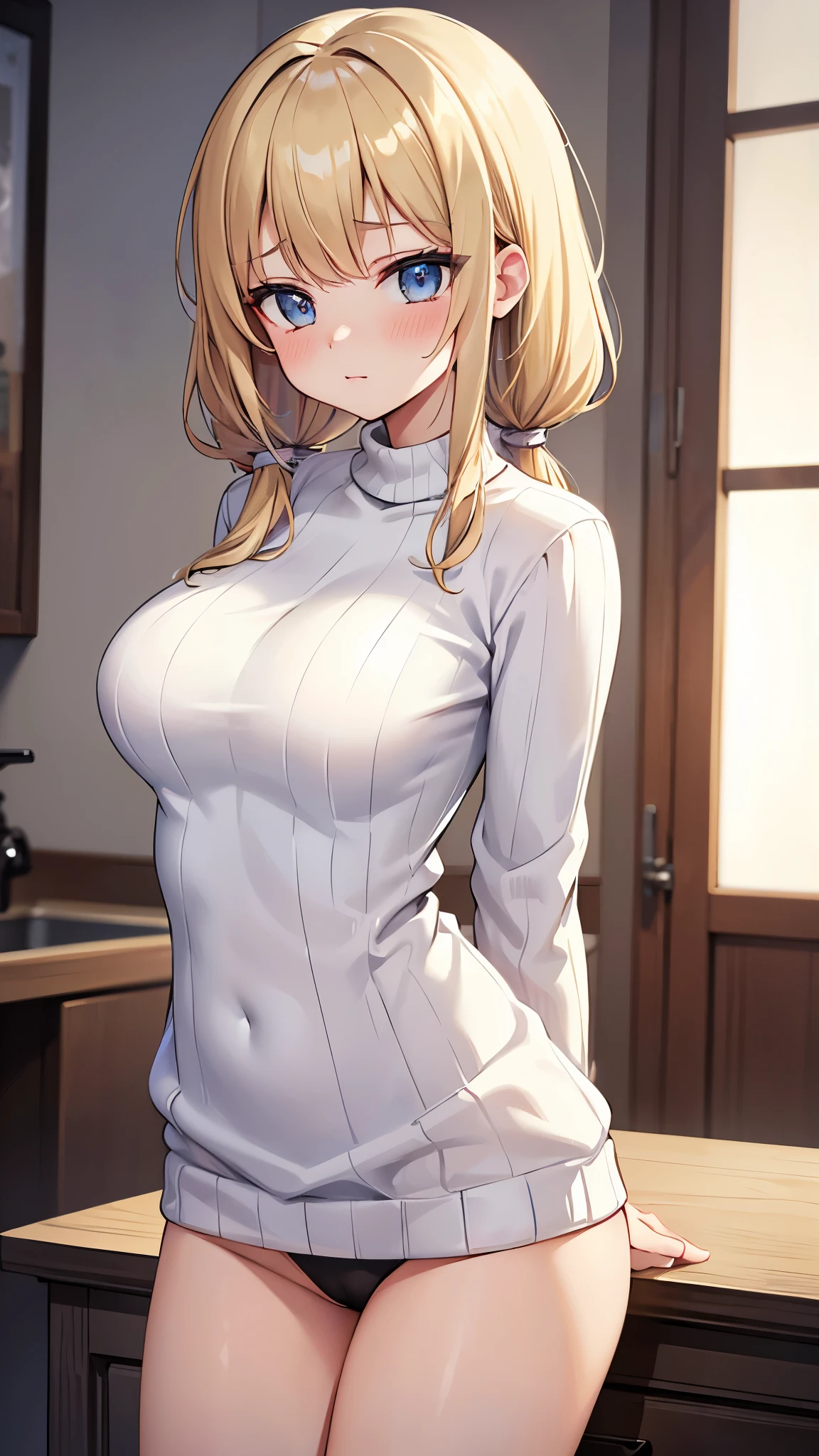 ((masterpiece, highest quality;1.3)), super detailed, 8k unity wallpaper, cg, ray tracing, figure, colorful, cinematic shadow, Highly detailed and beautiful background,VHD, VRay shading,RT, 1 girl, :3, (age), , , (blush), (beautiful eyes), (fine eyes), alone, blue eyes, (blush), (blonde hair), (medium hair), high twin tail, Hair curls, (big breasts), slim waist, white shine skin, highly detailed beautiful face, beautiful face, (talented lo-fi:1.3), turn your arms behind your back, sexy, ((white sweater)), ((bottomless)), (black panties), indoors, (close), shine, shine light, super detailed, scenic, in the atmosphere,