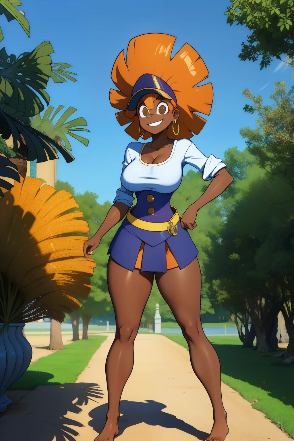 (best quality, top quality), masterpiece, best quality, 1girl, solo, dark skin, dark-skinned female, big hair, orange hair, blue headwear, blue_cap,  brown eyes, ear piercing, smile, teeth, breasts, medium breasts, thick thighs, barefoot, luna nova , miniskirt, belt, full body, 