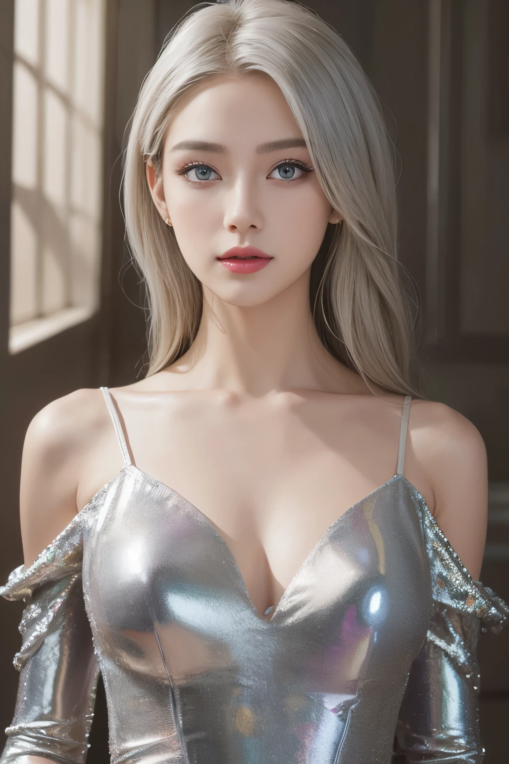 silver-haired woman in a dress, (masterpiece,Super high quality,ultra high resolution,super realistic:1.5), 1 female, platinum silver hair, alone, sundress,colorful, photorealistic, realism, realistic, human, (detailed description,detailed eyes,clear eyes,Iridescent glow,long eyelashes), (beautiful breasts,Golden ratio slender body), glance at the viewer, enchanting smile, Full body shot,