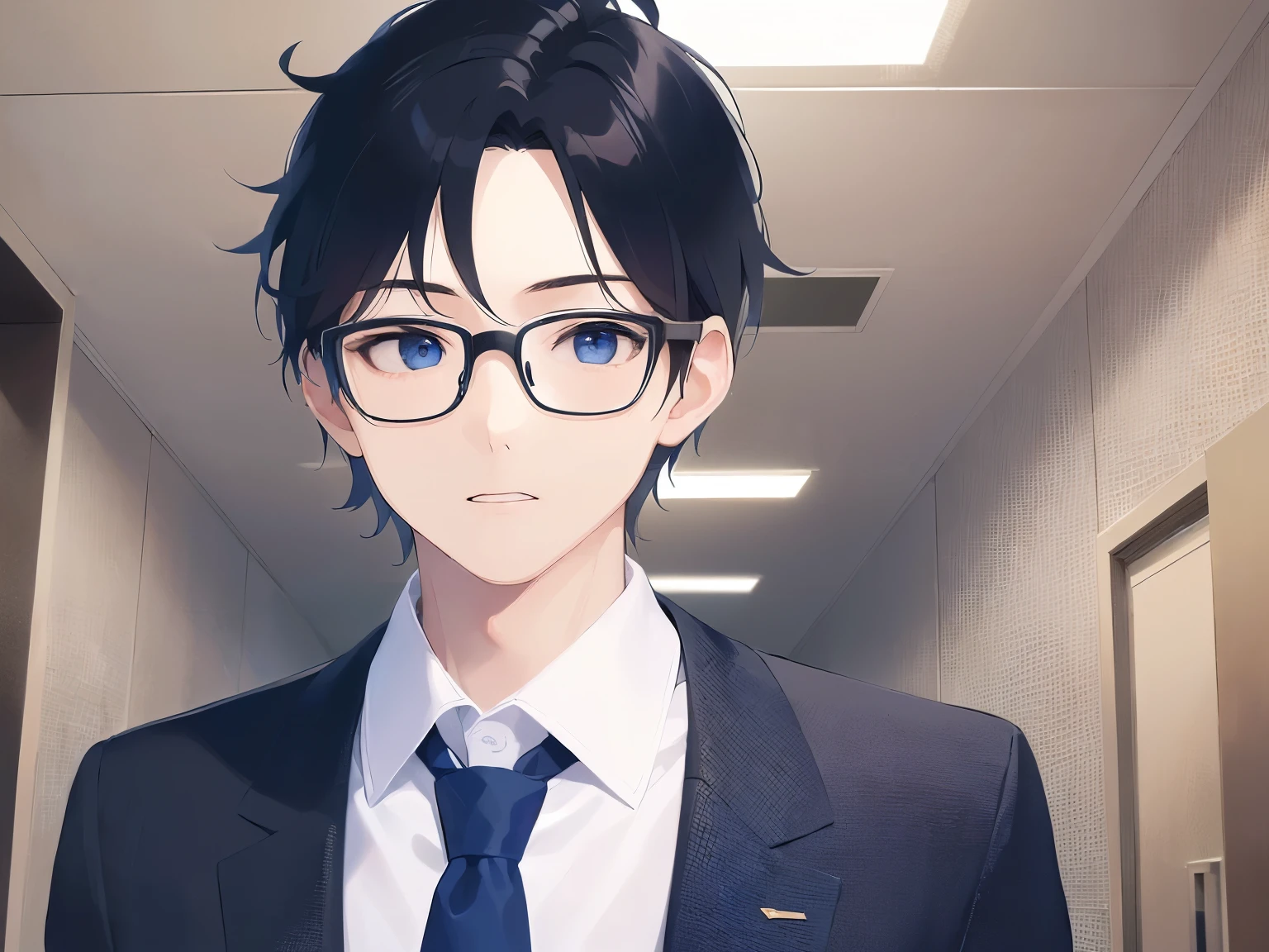 (looking away:1.5), plastic frame eyewear、masterpiece、highest quality、(25 year old male:1.5) and (black short hair) and (hair over eyes:1.3) and (blue eyes), wearing a suit、wearing a white shirt、Wearing a blue tie、Are standing、serious expression、open mouth, The background is an office hallway、(Alone:1.5)