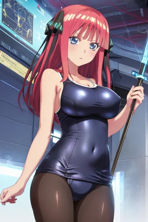 best quality, ultra-detailed masterpiece, anime art style, cute characters, nino nakano, one-piece swimsuit, large breasts, pantyhose, An engineer dressed as a young black-haired woman with a serious expression, The background is a large scientific observatory with a large screen and many staff members