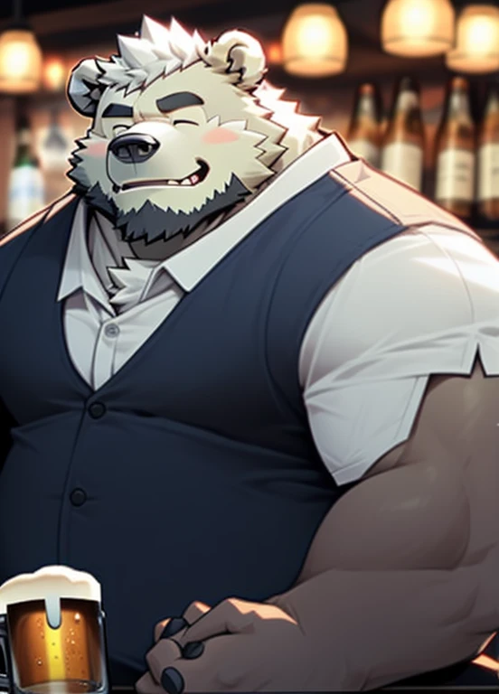 (masterpiece),Very detailed,(best quality),hairy,Bear,white hair,eyes closed,chubby,(chubby),(huge size),charming,((A hand holding a beer mug 1.2)), (in the bar),(Sitting in the bar 1.0),(Smile),(Face a little red))),cool pose,bar background,16K,(high quality),High clarity of the face