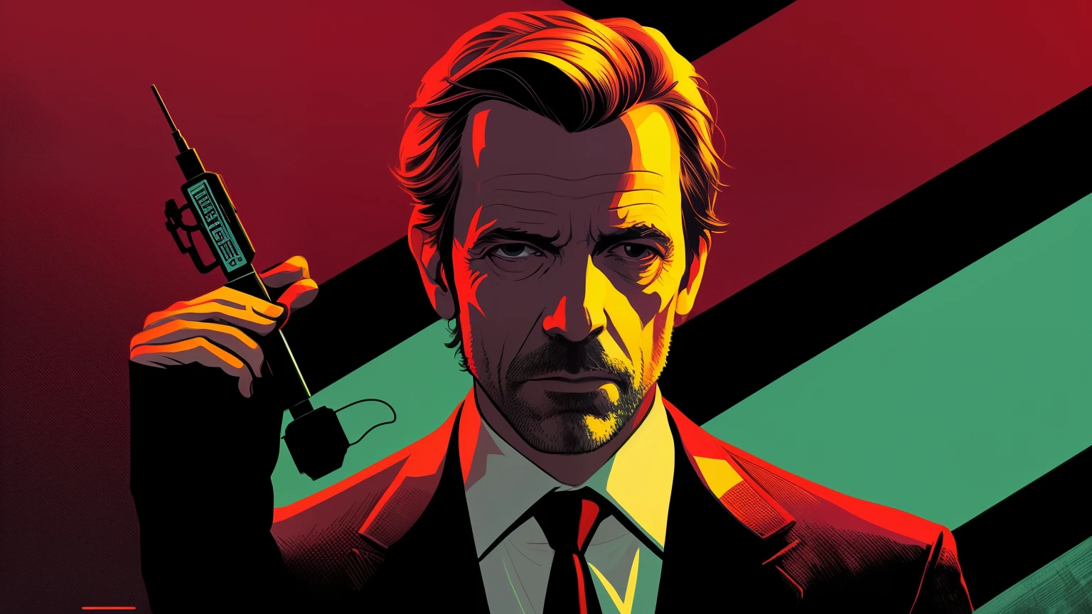 a man in a suit holding a sydel in his hand, portrait of, beaten tech. neo noir style, doctor house, pulp character portrait, portrait of hugh laurie, in style of digital illustration, drawn in a neo - noir style, inspired by Endre Bálint, fanart, 4 k hd illustrative wallpaper, pulp scifi illustration