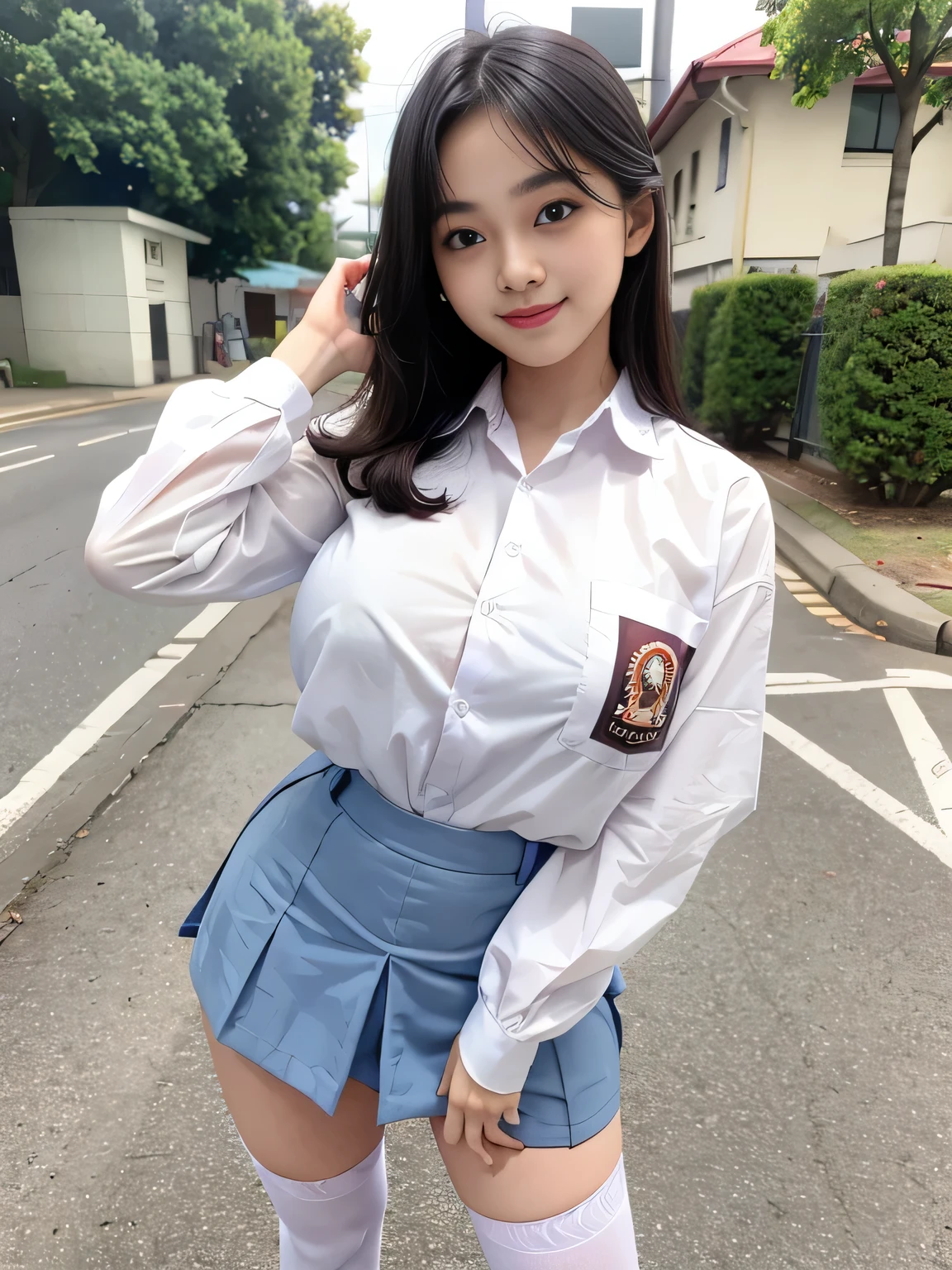 Realistic, 1 girl, 18 years old, proportional body, adorable face, baby face, detailed face, detailed eyes, happy, shy smile, ((large breasts)). ((Sagging breasts)). Indonesian , Lose shirt, Long sleeve white shirt, transparent shirt, mini skirt, stockings, sneakers, standing pose, school yard, full body portrait, hyper detailed, best Quality, 4k, UHD 