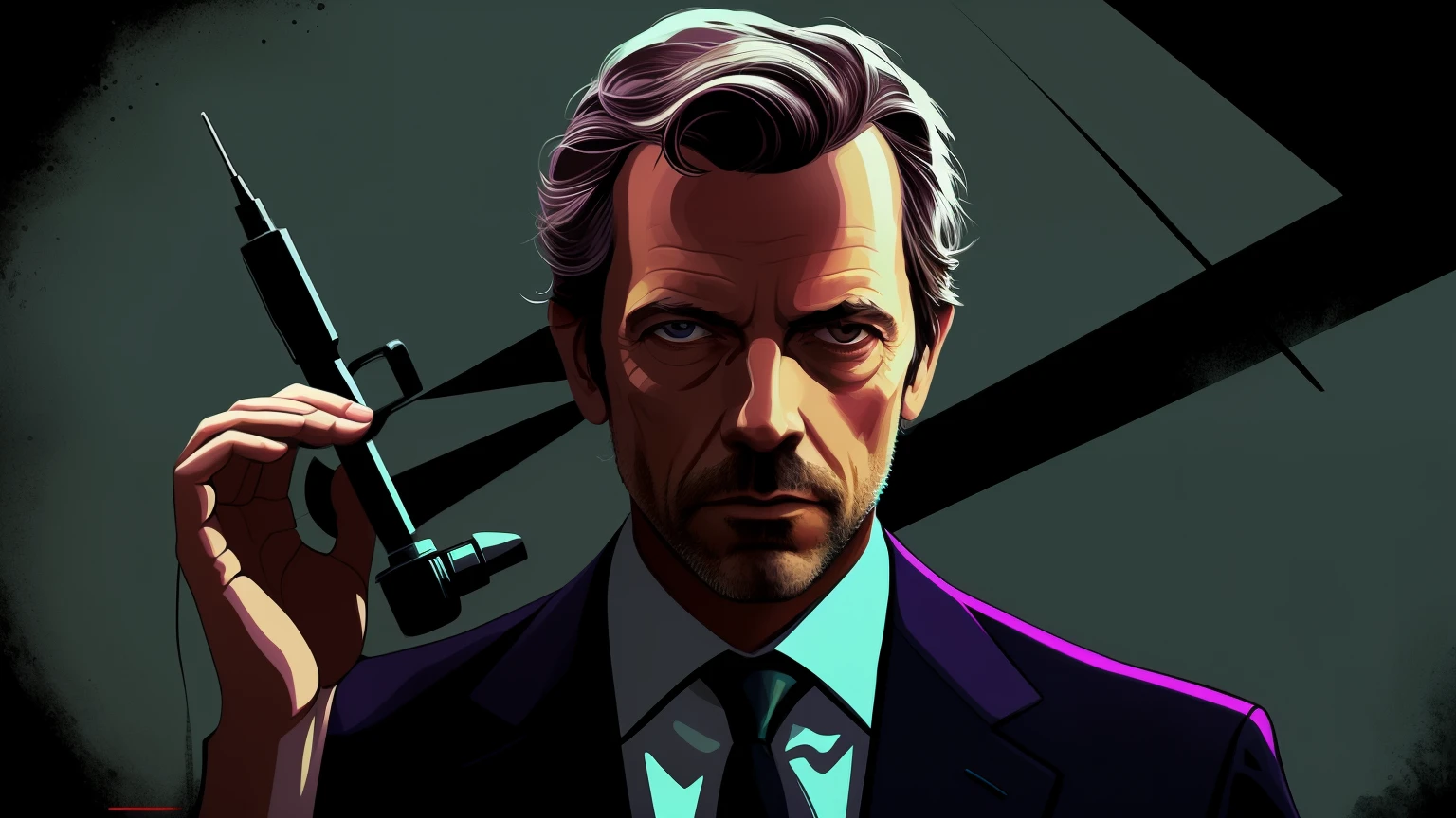 a man in a suit holding a sydel in his hand, portrait of, beaten tech. neo noir style, doctor house, pulp character portrait, portrait of hugh laurie, in style of digital illustration, drawn in a neo - noir style, inspired by Endre Bálint, fanart, 4 k hd illustrative wallpaper, pulp scifi illustration