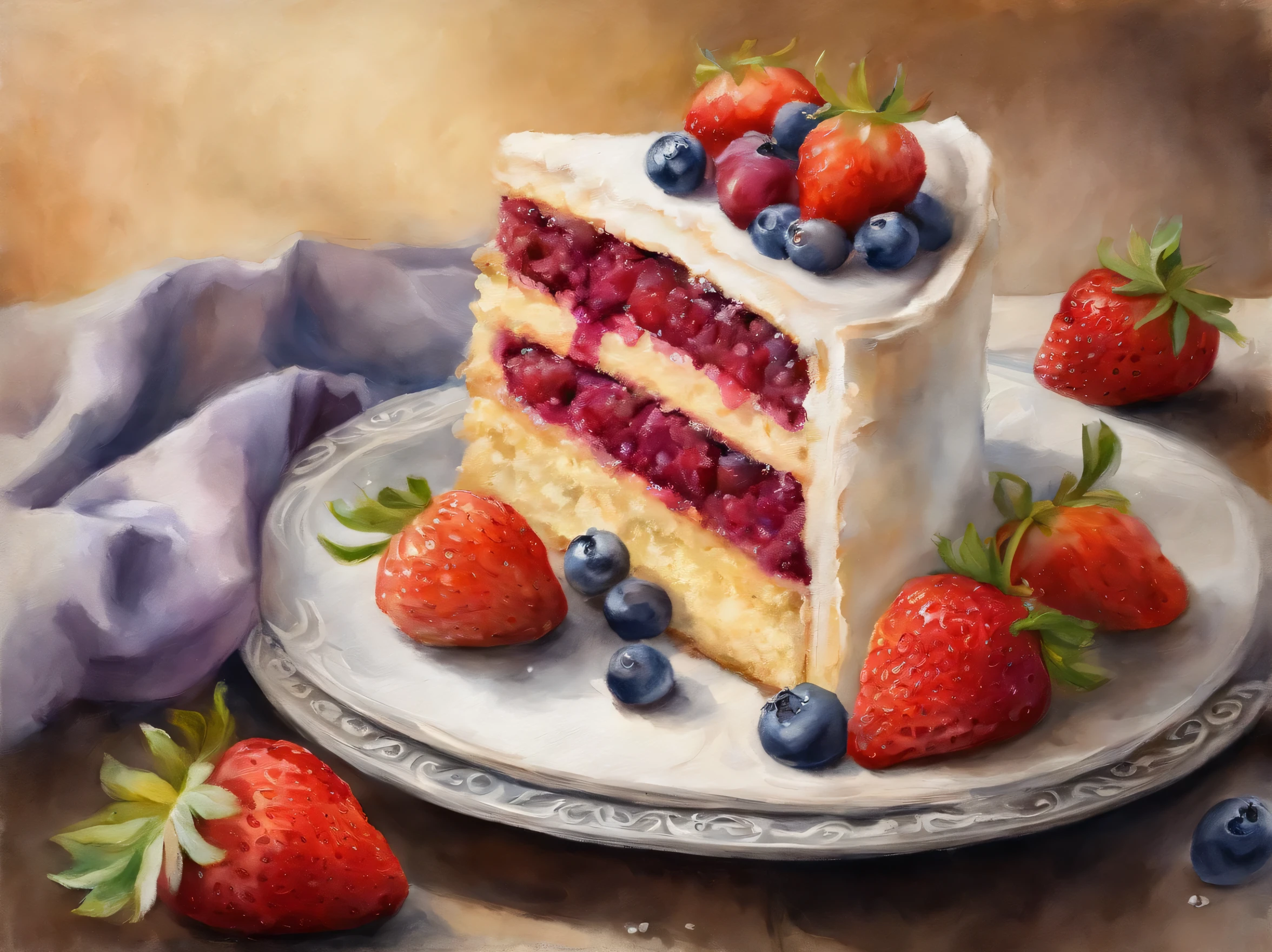 Please help me draw a dessert cake oil painting，To draw the dense texture of this cake，Strawberry flavored cake，Some blueberries on top，Can make a cut，The side shows the crepe texture of the cake，And attached with the Maxim&#39;s Cakes brand logo