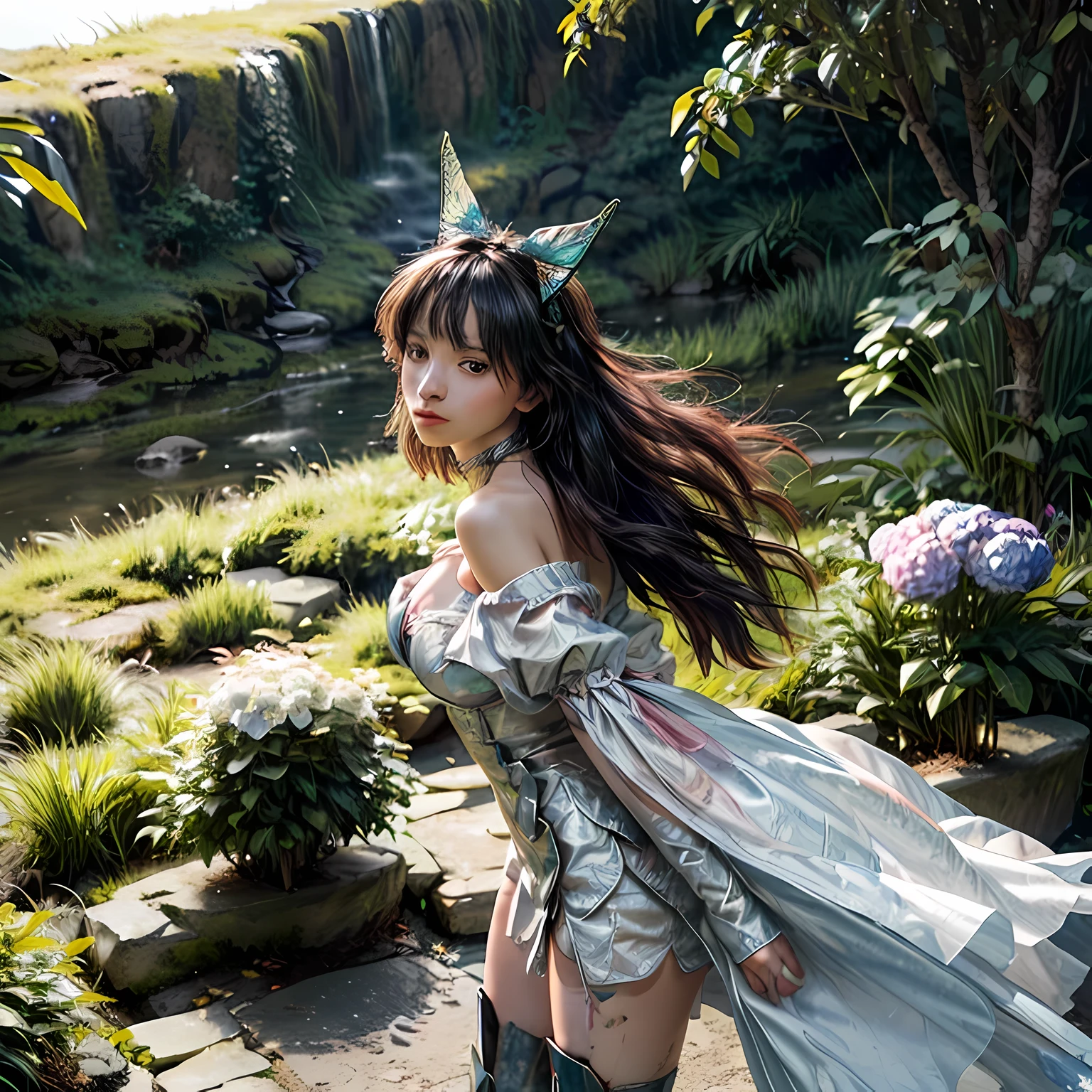 ((Extreme details)),(very detailed),(painting), chiaroscuro, วอลล์เปเปอร์ CG Unity 8k ที่very detailed, Gwendolin, Hip hair, holding pole arm, Strapless dress, crown, arms separated, choker, armored boots, feather hair bun, Facing forward, look at viewer, white background, bug, butterfly, grass, hydrangea, leaf, mushroom, nature, plant, apple, look away, search, from above,