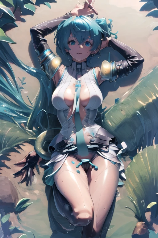 Seios grandes Hatsune Miku，electronic singer，cabelo verde，Ombros nus，uma saia preta，mangas pretas，(Blusa de cor branca)，Roupas brancas，8k，A high resolution，olhos verdes，fundo do concerto，No local do concerto，em concerto，Only beautiful thighs are exposed，the clothes are white，appear on the arm is 01，The number is 01，fundo brilhante，Leaves&#39;, cabelo de alta qualidade 8k ，The eyes of the anime heroine，Olhos de detalhes ultraelevados，olhos de alta qualidade，gravata longa，The length of the tie is thirty cm，Olhos de alto detalhe , and in panties and bra, full body wet from the rain 