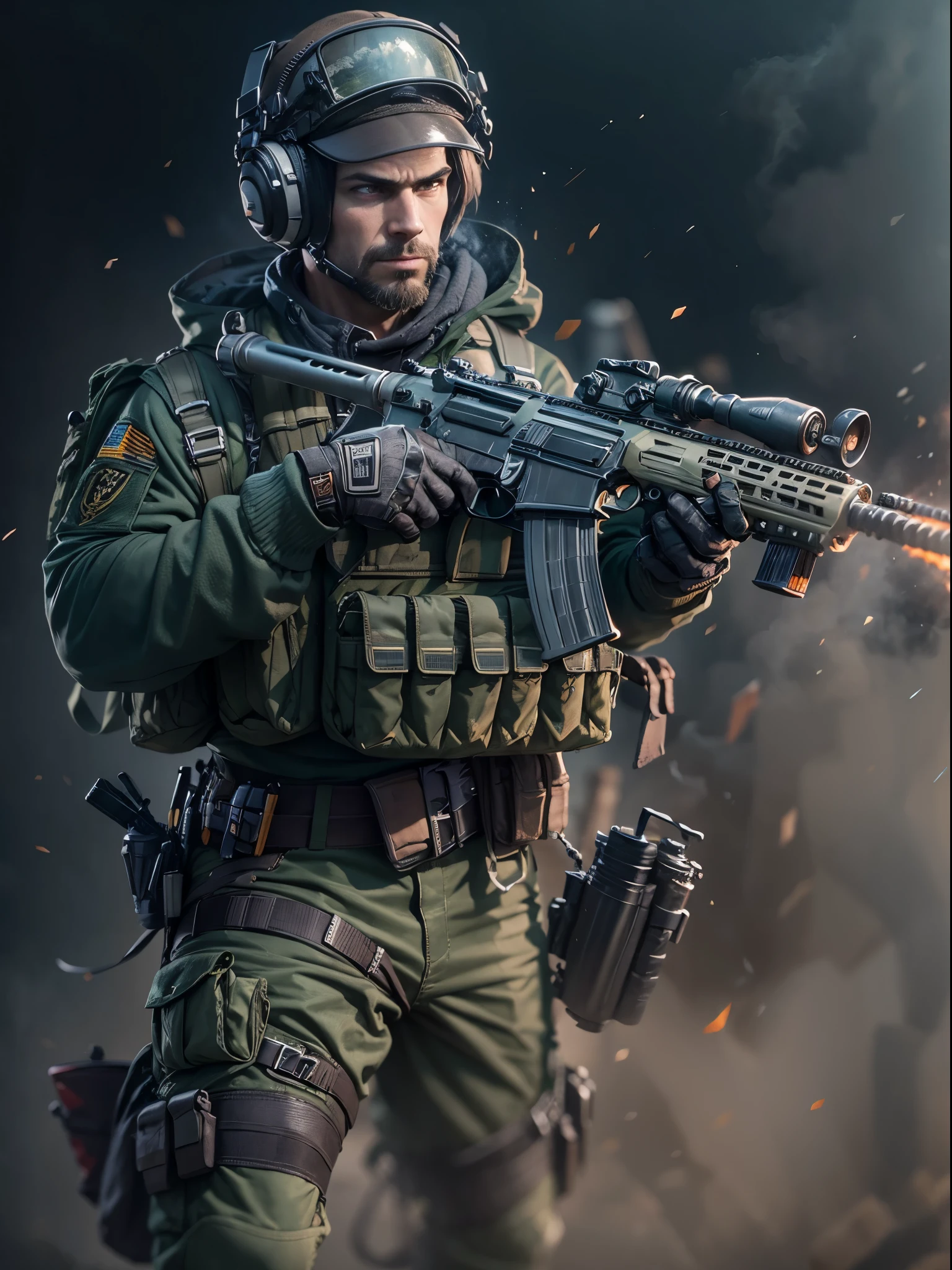 Mercenary, male focus, holding an assault rifle with two hands, load-bearing vest, ammunition belt, danger atmosphere, war zone