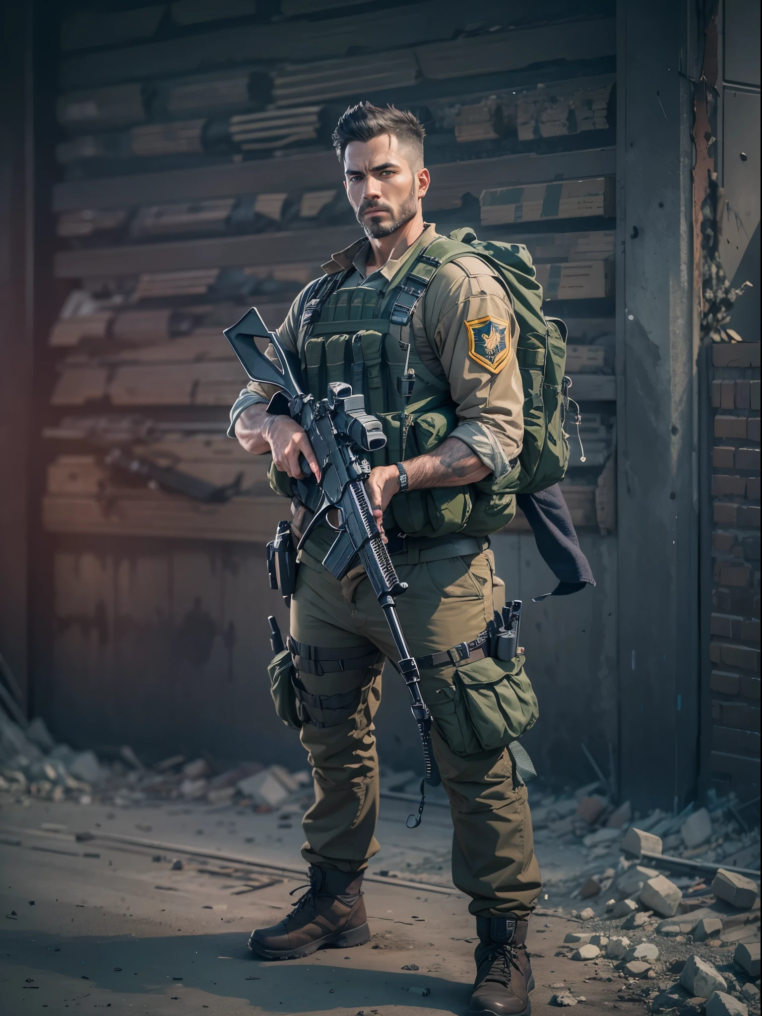 Mercenary, male focus, holding an assault rifle with two hands, load-bearing vest, ammunition belt, danger atmosphere, war zone