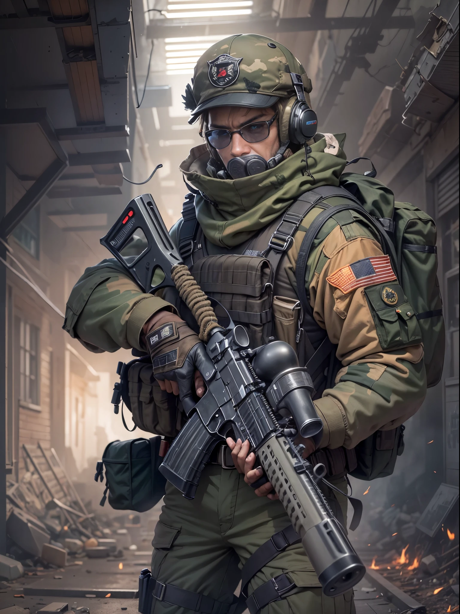 Mercenary, male focus, holding an assault rifle with two hands, load-bearing vest, ammunition belt, danger atmosphere, war zone