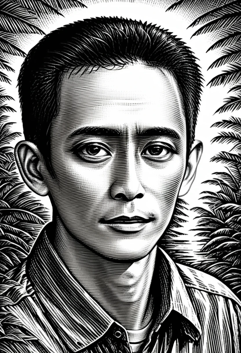 a half body portrait,Scratch board illustration, Indonesia man 35years, in a botanical elips frame,black eyes,black hair, close up portrait, centered,intricate details,high resolution,4k, illustration style, Over all Detail, Scratch board illustration,wong-maret