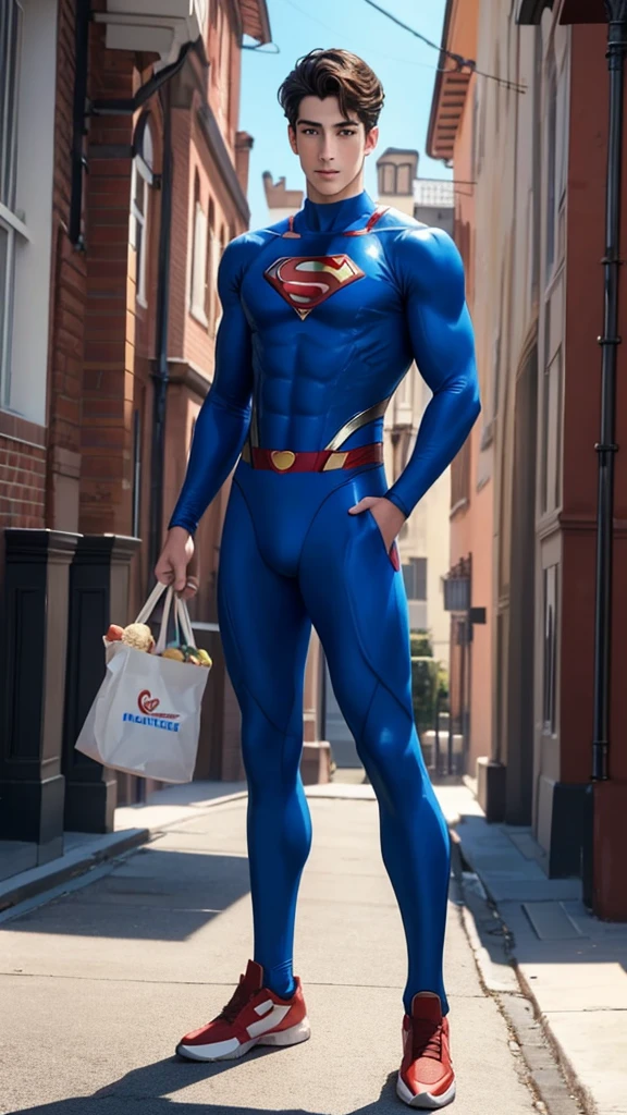 Full full body photorealistic ultra realism high definition aesthetic stabilized diffusion picture of handsome hunky fractal clean shaven Milo Manheim as 8 year old Superman,, wearing a , standing.holdind an ice cream cone