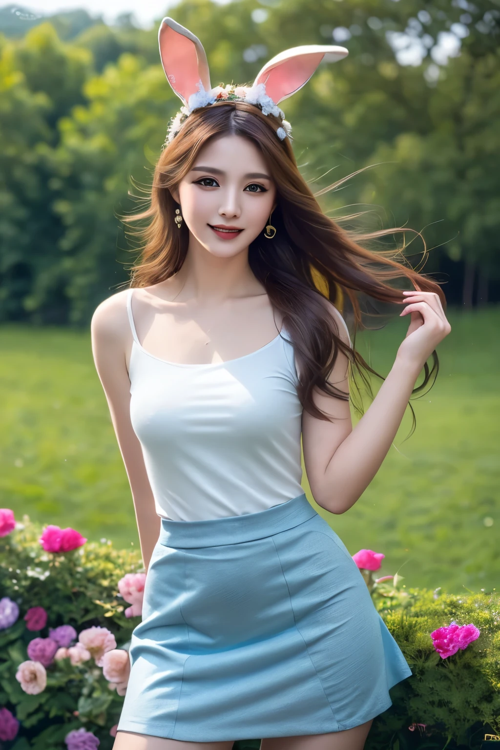 (masterpiece, highest quality, 8k RAW photo, realistic:1.37), 1 girl, Upper body, Korean, light smile, long hair, brown hair, Medium chest, Maid clothes, green gathered skirt, bunny ear bands, dynamic pose, fascinating, flowers, garden, wood, dynamic lighting, detailed background, Complex, finely