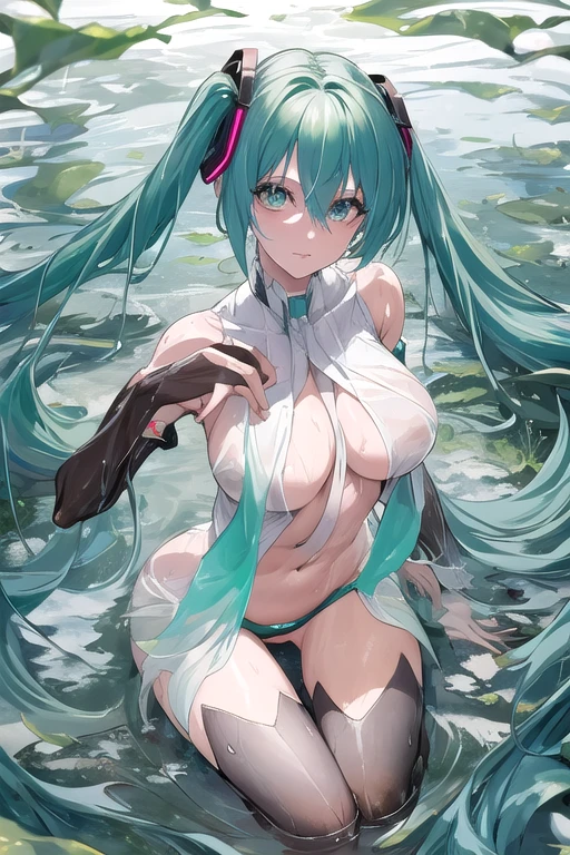 Seios grandes Hatsune Miku,electronic singer,cabelo verde,Ombros nus,uma saia preta,mangas pretas,(Blusa de cor branca),Roupas brancas,8k,A high resolution,olhos verdes,fundo do concerto,No local do concerto,em concerto,Only beautiful thighs are exposed,the clothes are white,appear on the arm is 01,The number is 01,fundo brilhante,Leaves', cabelo de alta qualidade 8k ,The eyes of the anime heroine,Olhos de detalhes ultraelevados,olhos de alta qualidade,gravata longa,The length of the tie is thirty cm,Olhos de alto detalhe , and in panties and bra, full body wet from the rain