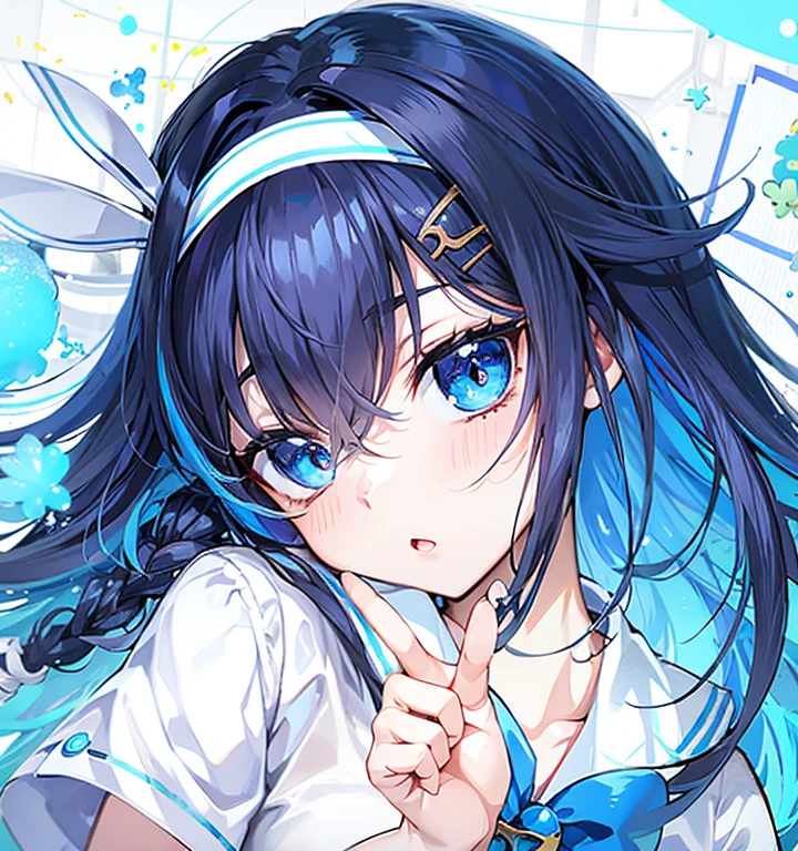 anime girl with blue eyes and a white shirt and blue hair, anime style 4 k, anime moe artstyle, anime art wallpaper 8 k, anime art wallpaper 4 k, anime art wallpaper 4k, blue shining eyes, anime wallpaper 4k, anime wallpaper 4 k, anime style. 8k, nightcore, digital art on pixiv, digital anime art!!, wink, big head, chibi art