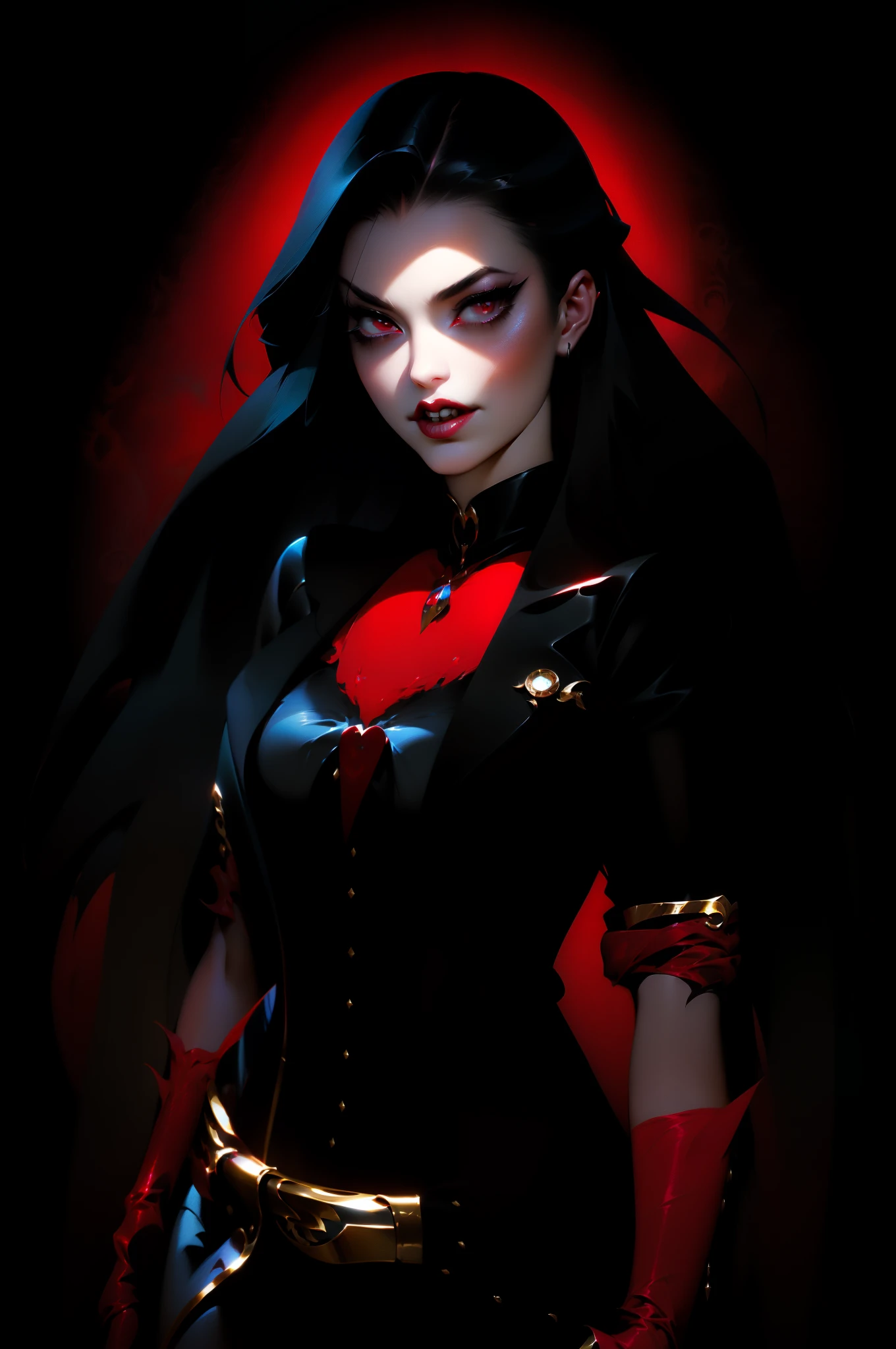a woman with long black hair and a red top is posing, carmilla vampire, androgynous vampire, female vampire, vampire girl, style artgerm, vampire fashion, beautiful vampire queen, vampire portrait, alena aenami and artgerm, artgerm style, beautiful female vampire, portrait of a lady vampire, victorian vampire, beautiful vampire female queen