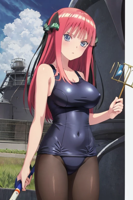 best quality, ultra-detailed masterpiece, anime art style, cute characters, nino nakano, one-piece swimsuit, large breasts, pantyhose, An engineer dressed as a young black-haired woman with a serious expression, The background is a large scientific observatory with a large screen and many staff members
