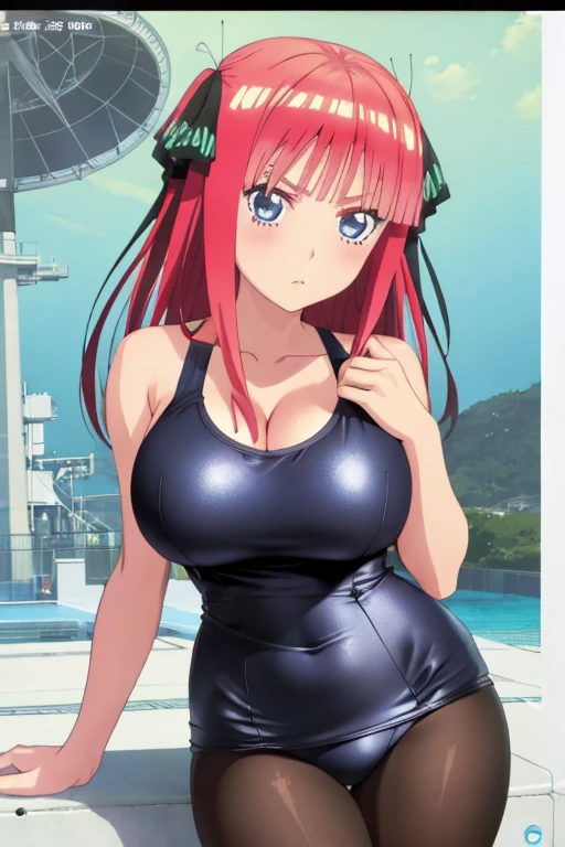 best quality, ultra-detailed masterpiece, anime art style, cute characters, nino nakano, one-piece swimsuit, large breasts, pantyhose, An engineer dressed as a young black-haired woman with a serious expression, The background is a large scientific observatory with a large screen and many staff members