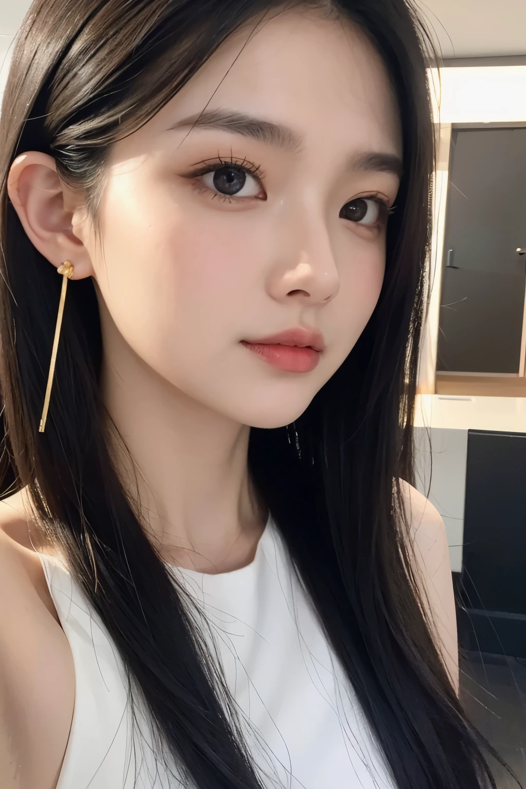 A beautiful girl that everyone recognizes。So beautiful it's inhuman。Selfie screen on smartphone。I don't have earphones。A bright image with a white base。Faces fill the screen。More close-ups of the face。The accessories are small and delicate, made of gold.。