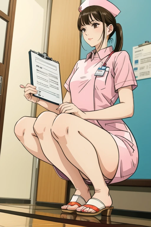 ((((masterpiece)))), ((((Very detailed)))),[[[realistic art]]], beautiful girl, thin and long,small ???????, ((((Bangs)))), ((1 girl)),alone,((Looking into the distance)), [Poker face], Medium long hair, short ponytail,(((Nurse))),short sleeves, (((Nurses cap))), White, ((White褲襪)), (WhiteNurse凉鞋), stethoscope, ((Pigeon toes)),((Squat)), name tag, foot focus, from below, whole body , Embrace the clipboard, Medical cabinets, Medical office,

,[(White背景:1.5),::5]