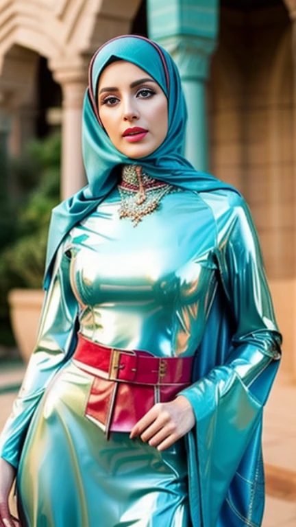 Full body portrait  of an alluring  princess wearing a blue dress and a hijab poses for a picture, tight light blue neopren suits, beautiful arab woman, arabian beauty, beautiful iranian woman, with beautiful exotic, gorgeous woman, very attractive and beautiful, with teal clothes,((wearing a colorful headscarf with a red blouse thrown over her shoulders and black leather pants, thin tight shiny top)), stunning appealing figure, arabian princess, elegant sleek smooth body, beautiful female, full covered dress, turquoise, captivating and enticing,aranian bride,(full body:1.3)