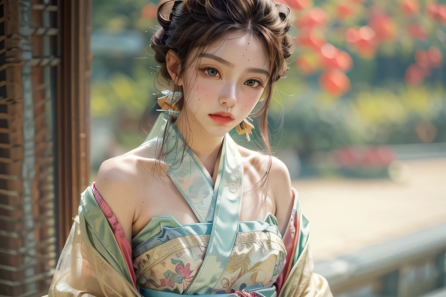 best quality, Masterpiece, high resolution, 1 girl, Hanfu, Tang Dynasty costumes, small, Flat chest, collarbone, Beautiful face with closed shoulders, realistic, real person, (Highly detailed skin: 1.4), SLR, soft light, High quality, photograph, high resolution, background bokeh, vintage road