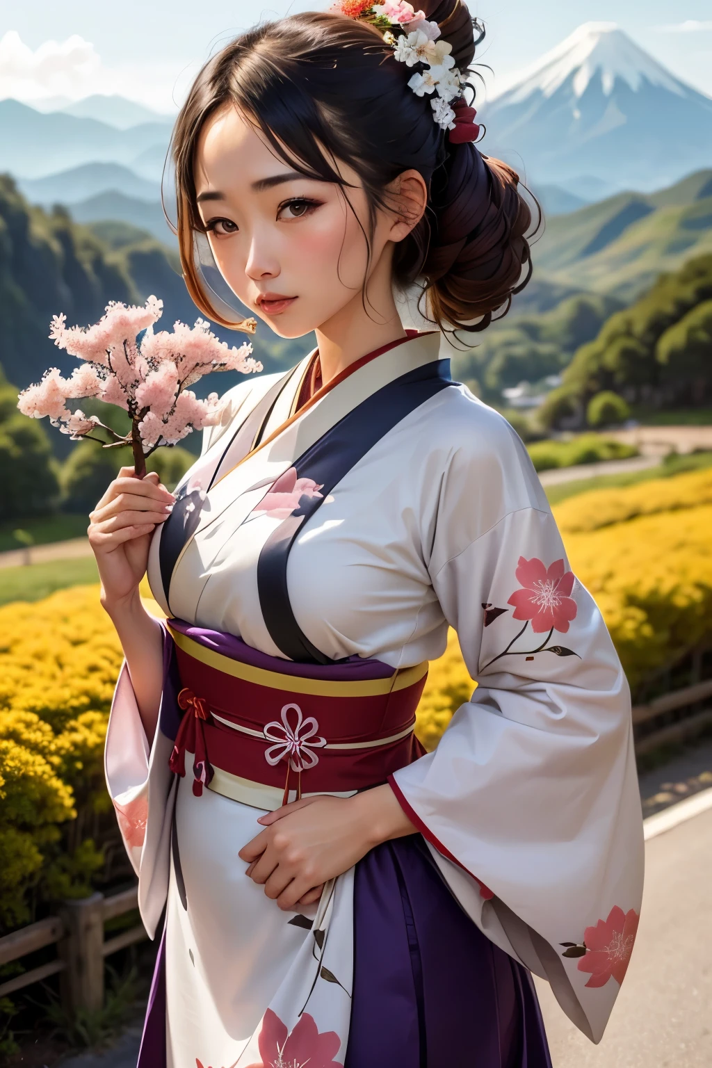 una mujer con vestido japones  con sakuras (arboles) a los lados  y con un volcan al fondo   pero la mujer esta en medio y mas adelante tiene vallas y mmucho mas adelante hay un pueblo  

