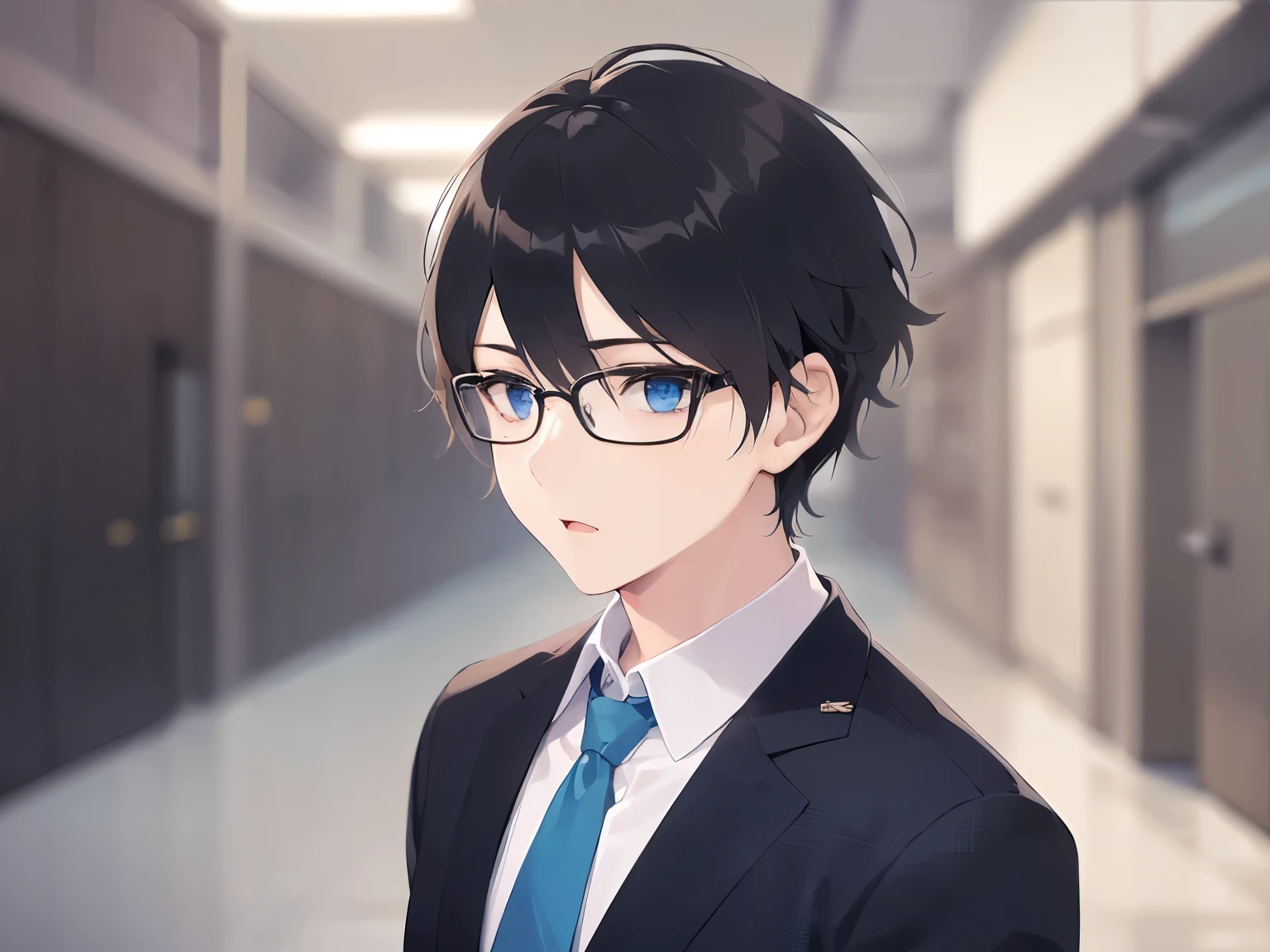Upper body is shown、(looking away:1.5), plastic frame eyewear、masterpiece、highest quality、(25 year old male:1.5) and (black short hair) and (hair over eyes:1.5) and (blue eyes), wearing a suit、wearing a white shirt、Wearing a blue tie、Are standing、serious expression、open mouth, The background is an office hallway、(Alone:1.5)