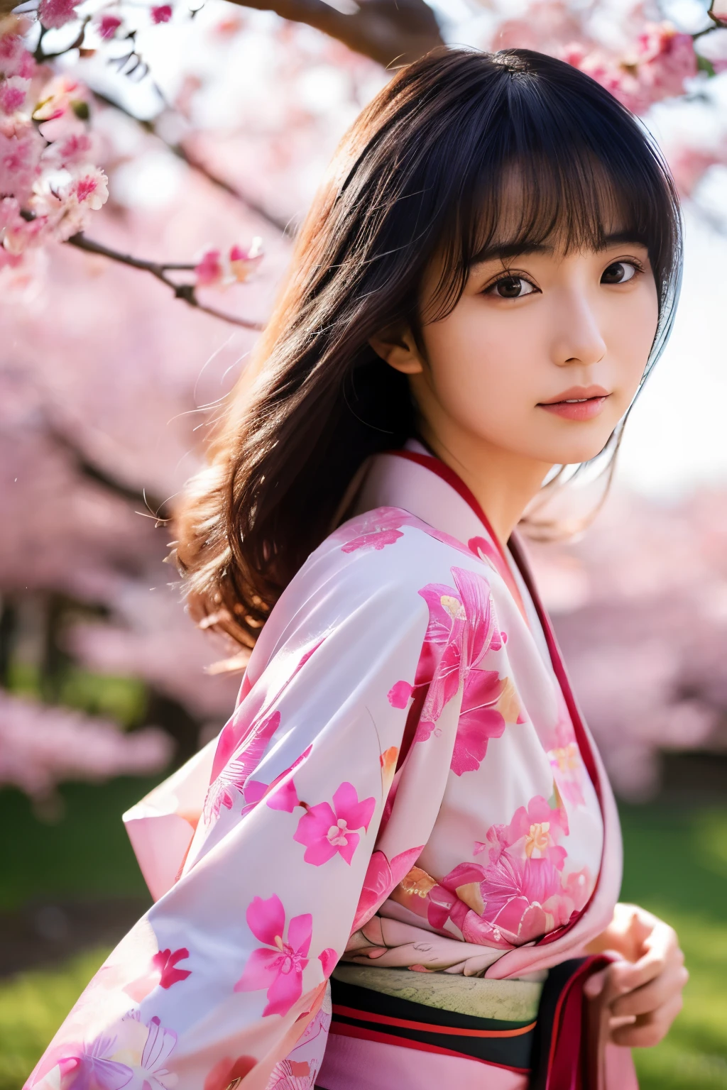 Beautiful Japanese supermodel woman,Shooting against the light,Sakura background,Gorgeous kimono,sexy,black eyes,Beautiful facial lighting,mixed media,long black hair,Yui Aragaki