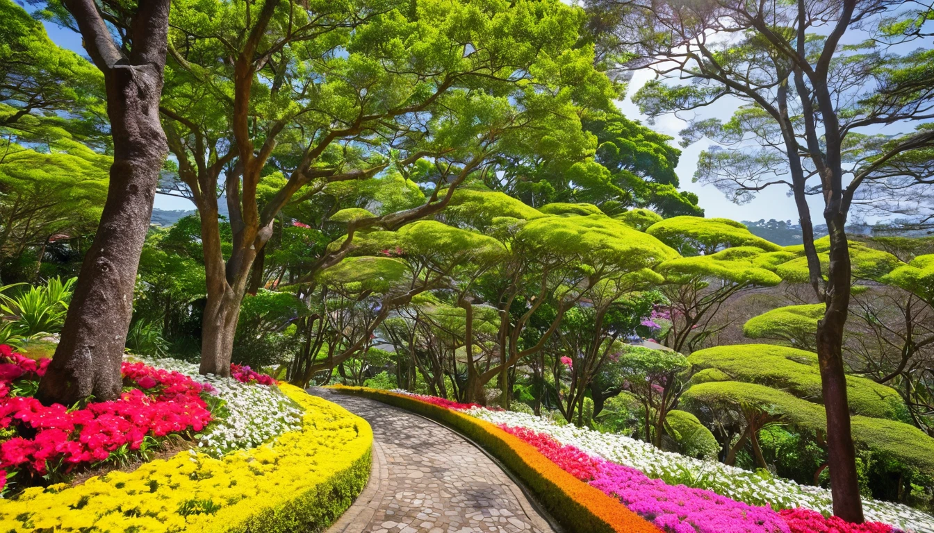 Fotografia com lente grande angular de um Parque urbano com gramado, trees colorful flowers, trepadeiras, caminhos de pedra, primavera,