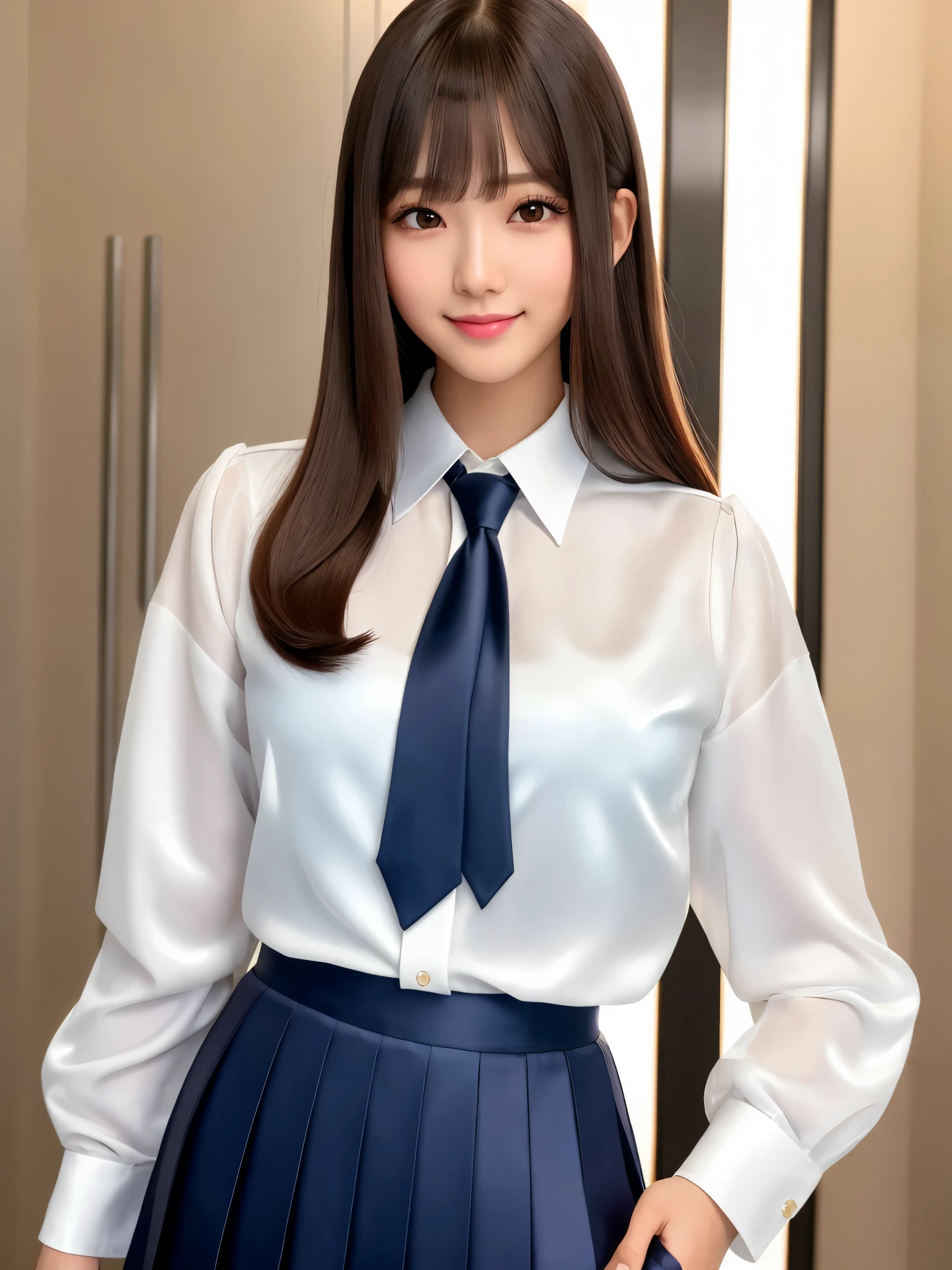 product quality, 1girl, upper body shot, front view, a Japanese young pretty girl, long bob hair, standing with a big smile in front of her luxury apartment entrance in the night, glamorous figure, wearing a white collared shiny satin shirt of long sleeves, shiny satin dark blue plain long tie, dark blue pleated long skirt, school bag over her shoulder, hyper cute face, glossy lips, double eyelids in both eyes, natural makeup, long eyelashes, shiny smooth light brown long bob hair, asymmetrical bangs, a tanned skin, central image, high resolution, high detail, detailed hairstyle, detailed face, spectacular cinematic lighting, octane rendering, vibrant, hyper realistic, perfect limbs, perfect anatomy