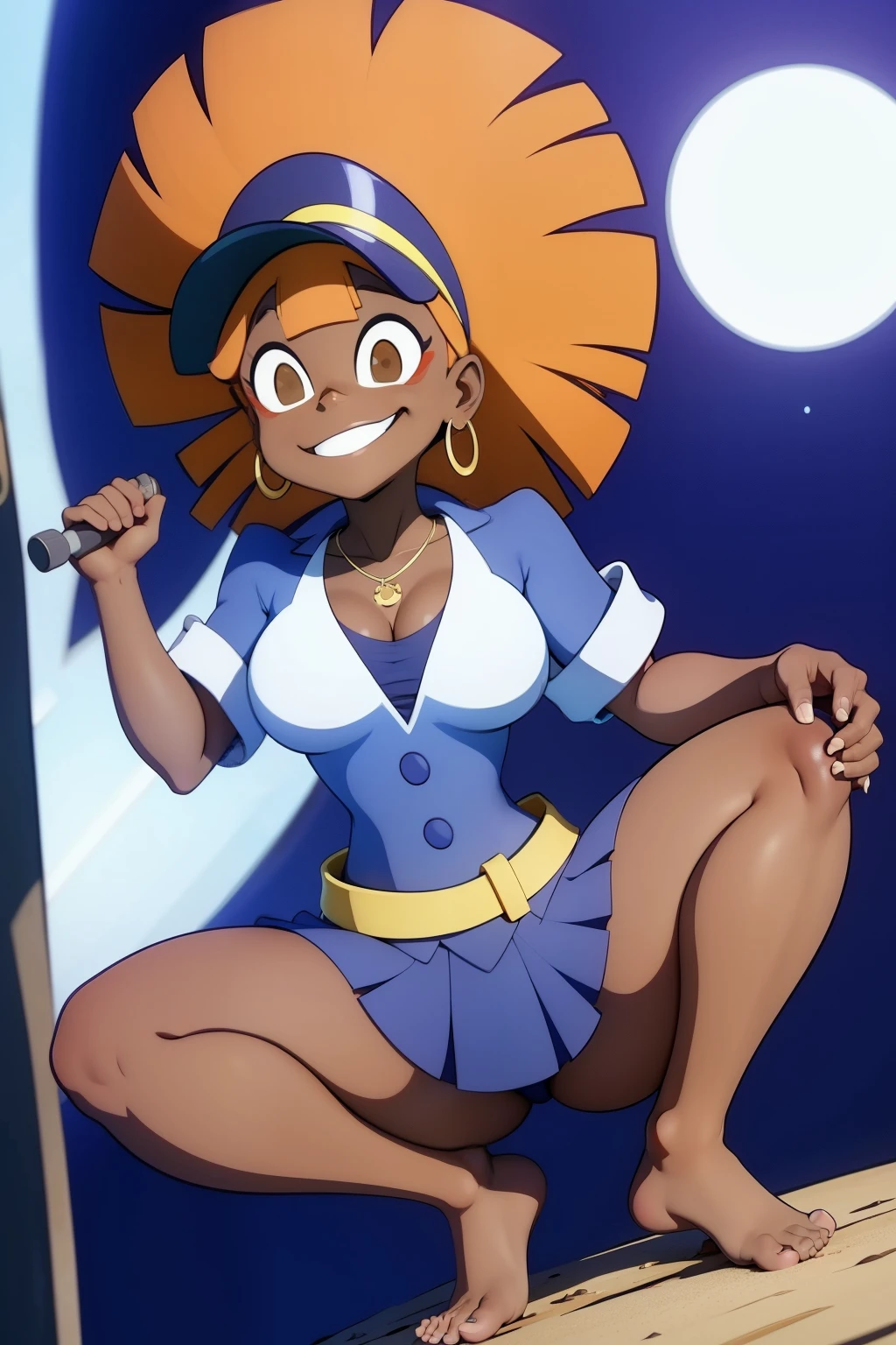 (best quality, top quality), masterpiece, best quality, 1girl, solo, dark skin, dark-skinned female, big hair, orange hair, blue headwear, blue_cap,  brown eyes, ear piercing, smile, teeth, breasts, medium breasts, thick thighs, barefoot, luna nova , miniskirt, belt, full body, 