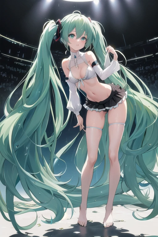 Seios grandes Hatsune Miku,electronic singer,cabelo verde,Ombros nus,uma saia preta,mangas pretas,(Blusa de cor branca),Roupas brancas,8k,A high resolution,olhos verdes,fundo do concerto,No local do concerto,em concerto,Only beautiful thighs are exposed,the clothes are white,appear on the arm is 01,The number is 01,fundo brilhante,Leaves', cabelo de alta qualidade 8k ,The eyes of the anime heroine,Olhos de detalhes ultraelevados,olhos de alta qualidade,gravata longa,The length of the tie is thirty cm,Olhos de alto detalhe , and in panties and bra, full body wet from the rain