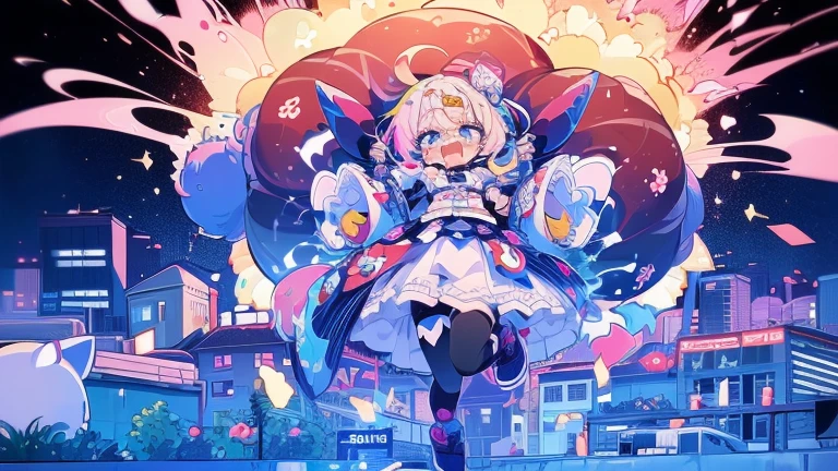 #quality(8k wallpaper of extremely detailed CG unit, ​masterpiece, hight resolution, top-quality, top-quality real texture skin,hyper realisitic, digitial painting,increase the resolution,RAW photos，best qualtiy,highly detailed,the wallpaper), solo,#1girl(cute, kawaii,,hair floating,hair color cosmic,hair shining brightly,long halr,hair messy,eye color cosmic,big eyes,pale skin,breast,dynamic angle:1.4,full body,jump,dynamic pose,detailed face,vivd color,crying loud),#background(bomb,big explosion,vivid color,in town,buildings breaking down)