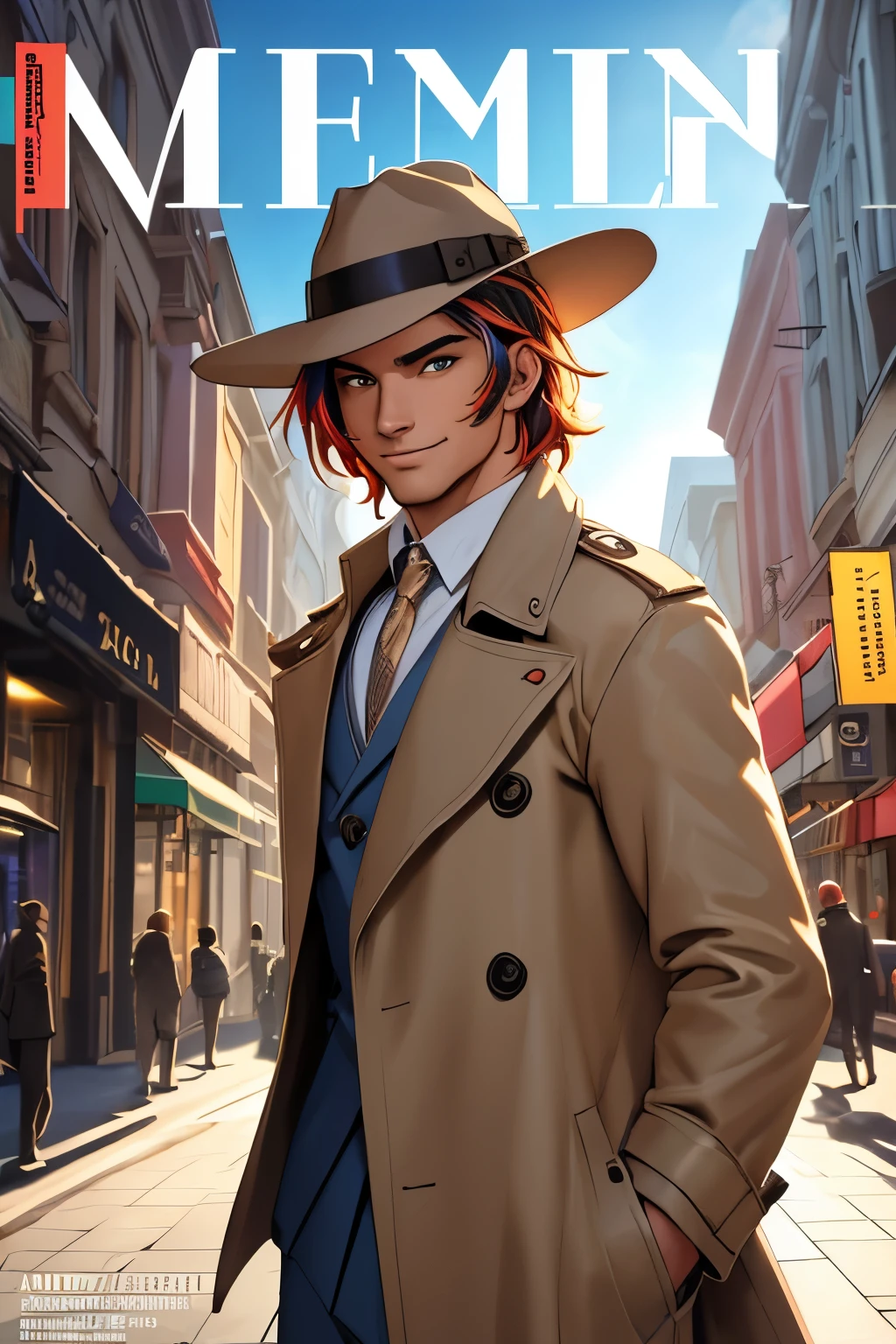 (cover of Men's Fashion magazine:1.4)(best quality,8k,highres, masterpiece:1.2), ultra-detailed, HDR, UHD, studio lighting, ultra-fine painting, sharp focus, physically-based rendering, extreme detail description, professional, vivid colors, bokeh, portraits, concept artists, warm color palette, dramatic lighting,(shiny hair:1.4),Happy laugh,chose eyes,(1 man),Beautiful eyes,cool face,beige trench coat, beige soft felt hat,trad vivid blue suit, quick walk around the city,
