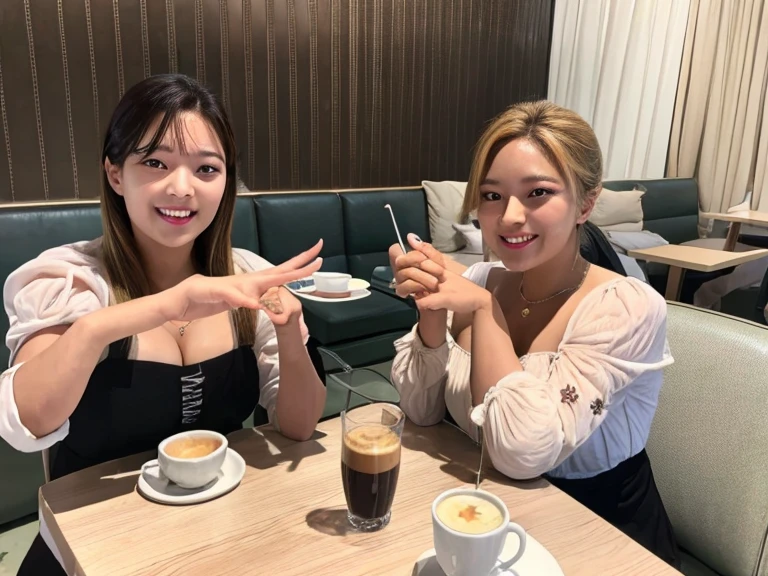 (best quality,4k,8k,highres,masterpiece:1.2),ultra-detailed,(realistic,photorealistic,photo-realistic:1.37),2girls:1.4,jeongyeonlorashy,two girl baristas serving coffee,half body,cleavage, slim body, super detailed,ultra HD,high quality,extremely detailed,accurate faces,coffee cups,espresso machine,vibrant and cozy cafe, sundresses ,delicate latte art,playful expressions,flawless skin,fine facial features,softly curled hair,warm lighting,rich color palette,bokeh accents,tantalizing aroma,leisurely atmosphere,meticulously brewed coffee,interacting with customers,friendly smiles,relaxing jazz music,inviting seating area,moderately busy cafe,scrumptious pastries,beautifully decorated cakes,pleasant conversation,budding friendship,trendy and stylish decor,elegant hand gestures,steaming coffee mugs,coffee beans in grinder,graceful movements,moment of shared laughter,memorable ambiance