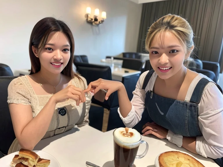(best quality,4k,8k,highres,masterpiece:1.2),ultra-detailed,(realistic,photorealistic,photo-realistic:1.37),2girls:1.4,jeongyeonlorashy,two girl baristas serving coffee,half body,cleavage, slim body, super detailed,ultra HD,high quality,extremely detailed,accurate faces,coffee cups,espresso machine,vibrant and cozy cafe, sundresses ,delicate latte art,playful expressions,flawless skin,fine facial features,softly curled hair,warm lighting,rich color palette,bokeh accents,tantalizing aroma,leisurely atmosphere,meticulously brewed coffee,interacting with customers,friendly smiles,relaxing jazz music,inviting seating area,moderately busy cafe,scrumptious pastries,beautifully decorated cakes,pleasant conversation,budding friendship,trendy and stylish decor,elegant hand gestures,steaming coffee mugs,coffee beans in grinder,graceful movements,moment of shared laughter,memorable ambiance