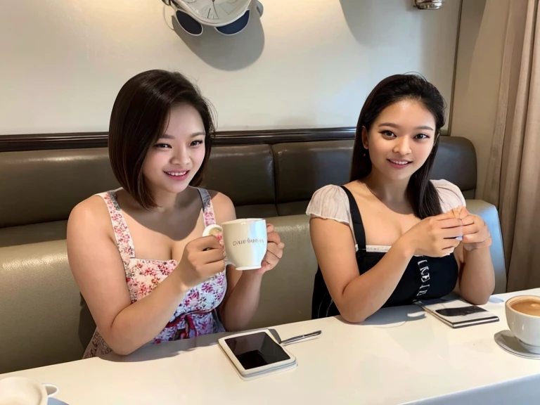 (best quality,4k,8k,highres,masterpiece:1.2),ultra-detailed,(realistic,photorealistic,photo-realistic:1.37),2girls:1.4,jeongyeonlorashy,two girl baristas serving coffee,half body,cleavage, slim body, super detailed,ultra HD,high quality,extremely detailed,accurate faces,coffee cups,espresso machine,vibrant and cozy cafe, sundresses ,delicate latte art,playful expressions,flawless skin,fine facial features,softly curled hair,warm lighting,rich color palette,bokeh accents,tantalizing aroma,leisurely atmosphere,meticulously brewed coffee,interacting with customers,friendly smiles,relaxing jazz music,inviting seating area,moderately busy cafe,scrumptious pastries,beautifully decorated cakes,pleasant conversation,budding friendship,trendy and stylish decor,elegant hand gestures,steaming coffee mugs,coffee beans in grinder,graceful movements,moment of shared laughter,memorable ambiance