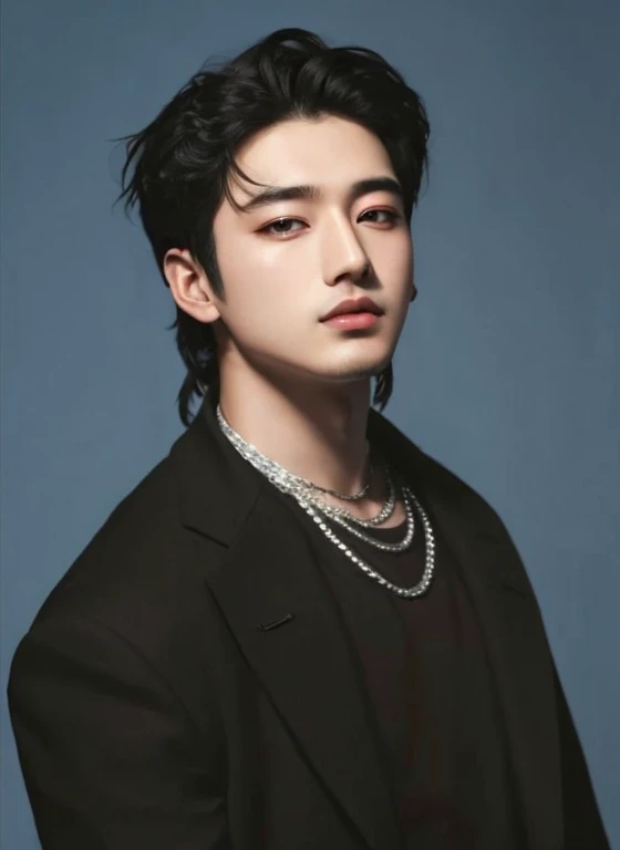 um close up de uma pessoa usando uma jaqueta preta e um colar, cai xukun, Jinyoung Shin, hyung tae, Jungkook, Jung Jaehyun, taejune kim, Hong junho hyung, hyung tae kim, por Tadashi Nakayama, Yanjun Chengt, Wonbin Lee, Seseon Yoon, siUau Kim, kpop idol portrait, Uau Kim