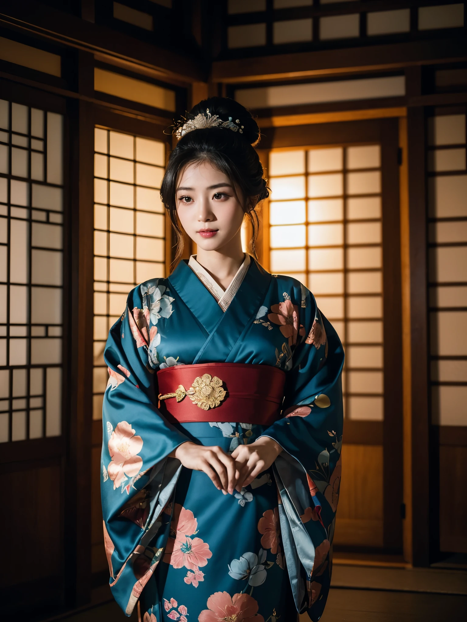 8k Uhd, Dslr,Film Grain, Fujifilm XT3,(Best Quality:1.3), (Masterpiece:1.1), High Resolution, Cinematic Light, Intricate Details, (Photorealistic) (night scene in old osaka) create a realistic backlight dramatic photography of full body beautiful japanese geisha girl, traditional japan hairdo, feudal edogawa era, wearing satin kimono with japanese traditional motif, open shoulder show full body tattoo, holding traditional folding fan, posing inside japan traditional villa house, look expressive, enjoyment expression. dramatic shadow & light.