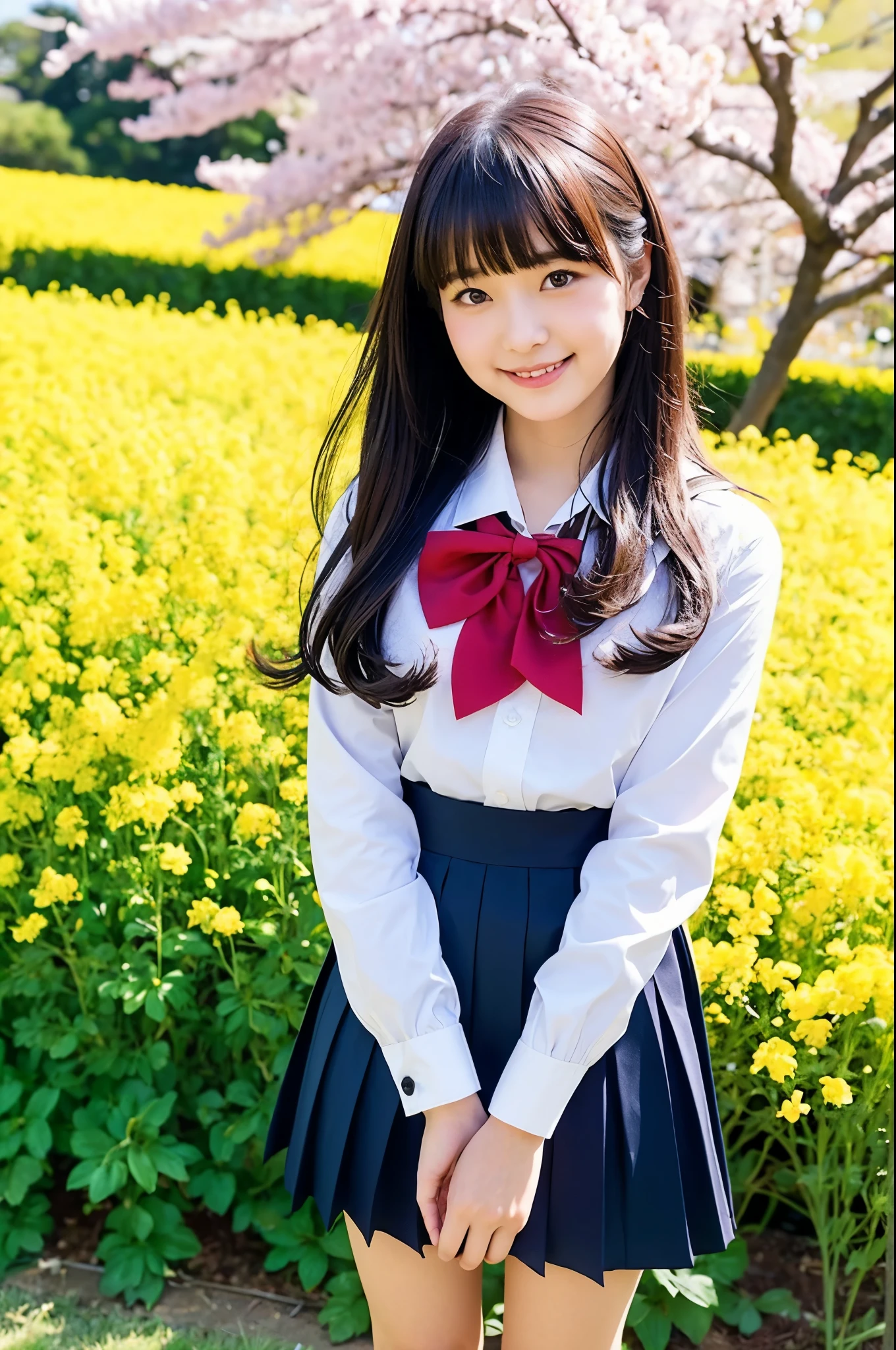 girl standing near canola flower under cherry blossoms,navy blue long-sleeved sailor dress with red bow tie,navy blue pleated skirt,navy blue socks,18-year-old,bangs,a little smile,thighs,knees,barrette,from below,front light