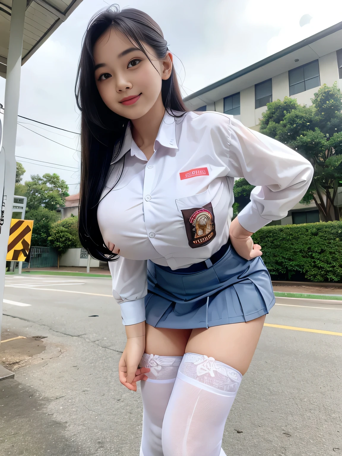 Realistic, 1 girl, 18 years old, proportional body, adorable face, , detailed face, detailed eyes, happy, shy smile, ((large breasts)). ((Sagging breasts)). Indonesian , Lose shirt, Long sleeve white shirt, transparent shirt, mini skirt, stockings, sneakers, standing pose, school yard, full body portrait, hyper detailed, best Quality, 4k, UHD 