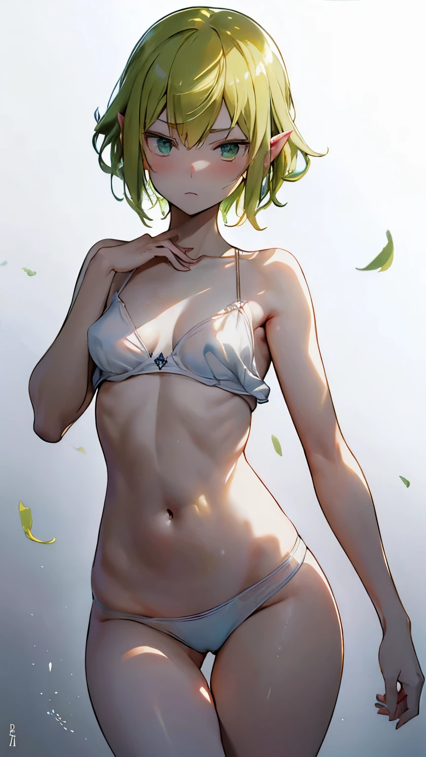  masterpiece, 1 girl,((extremely small breasts))、((very small breasts))、((A-cup size breasts)), high quality, exposed skin,、yellow green short hair、goblin、delicate body、slender body、Completely naked、Beautiful, firm eyes、grumpy face、(8K)、(wallpaper)、(formal)、blush、((((dynamic pose:1.2))))、all fours position、Upper grade、