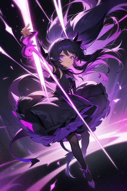 In the darkness, A  Loli with purple and black long hair is suspended in the air, Her hair glows a dark purple, A mysterious dark purple light emanates from the eyes, She was dressed in black, Behind her is a mathematical model, Double tail, Two-dimensional style, full-body shot