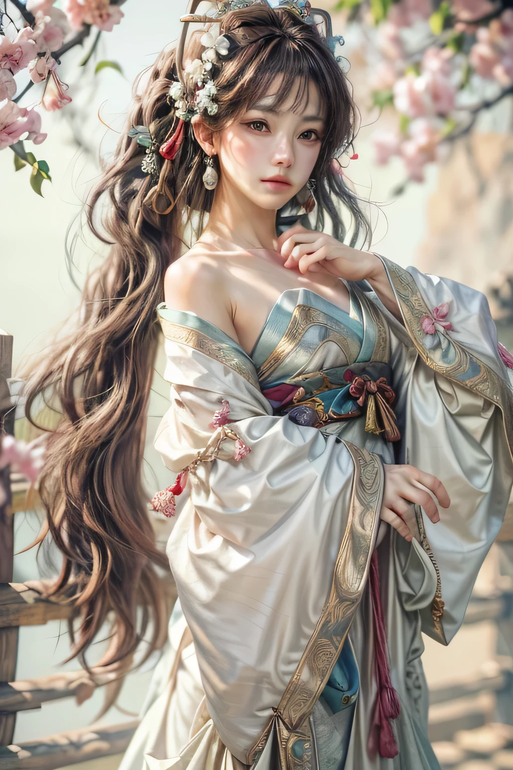 best quality, Masterpiece, high resolution, 1 girl, Hanfu, Tang Dynasty costumes, small, Flat chest, collarbone, Beautiful face with closed shoulders, realistic, real person, (Highly detailed skin: 1.4), SLR, soft light, High quality, photograph, high resolution, background bokeh, vintage road