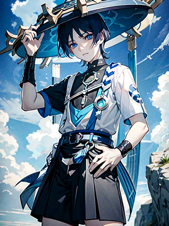 1 boy, belt, blue_Eye, ((pale skin)), blue_hair, blue_sky空, closure_Mouth, cloud, sky, hexist, watching_exist_audience, male_focus, shirt, short_hair, short_sleeve, sky空, alone